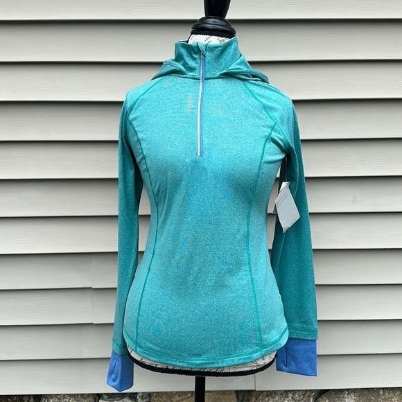 Reebok Green Heather Hooded 1/4 Zip Slim Long-sleeve Performance Top - Picture 1 of 16